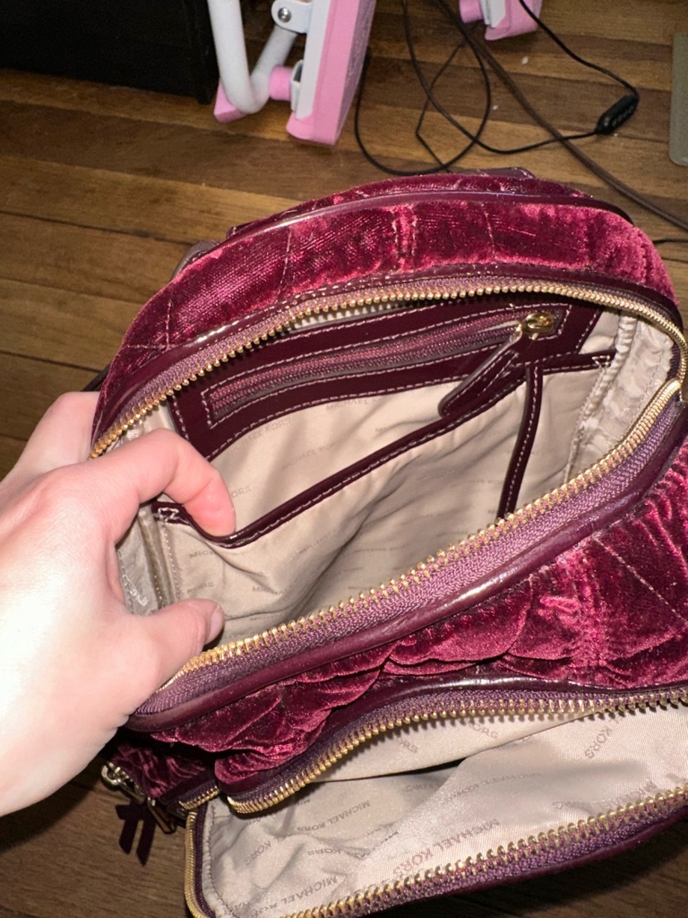 Michael Kors Quilted Velvet Wine Backpack with Gold Hardware - Picture 7 of 12